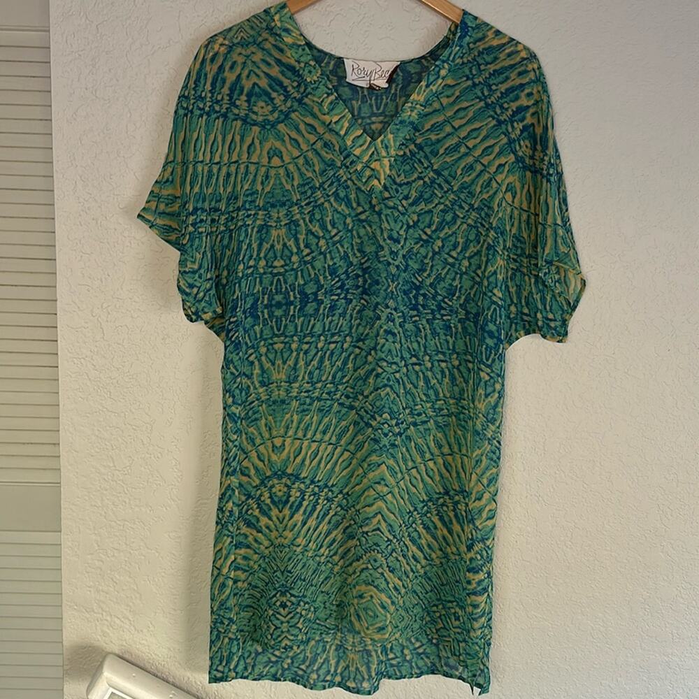 Rory Beca Artsy Watercolor Dress Semi Sheer Mini Green Resortwear Vacation Beach